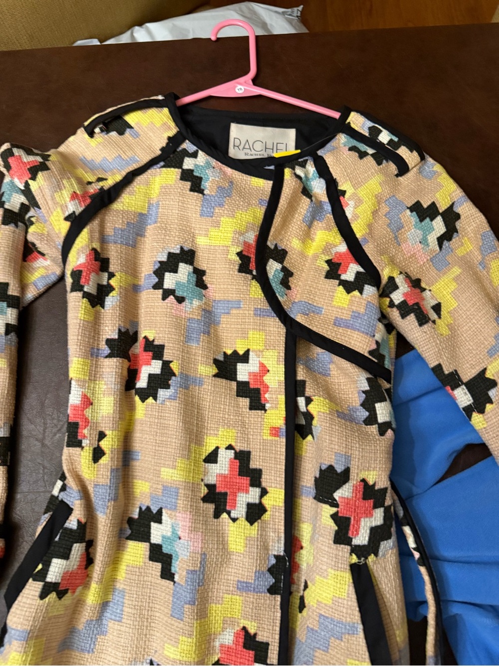 RACHEL Rachel Roy Beige Textured Blazer with Multicolor Geometric Print